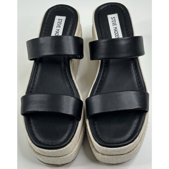 Steve Madden Merrcer Platform Slide Wedge Sandal Black Leather Womens 8M New - Picture 2 of 9